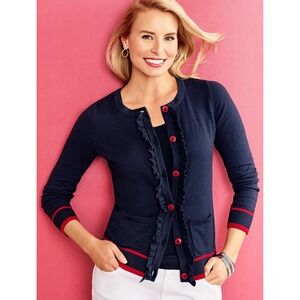NWT Talbot‎ Nautical Anchor Ruffle Front Cardigan Sweater Navy M Preppy Cashmere
